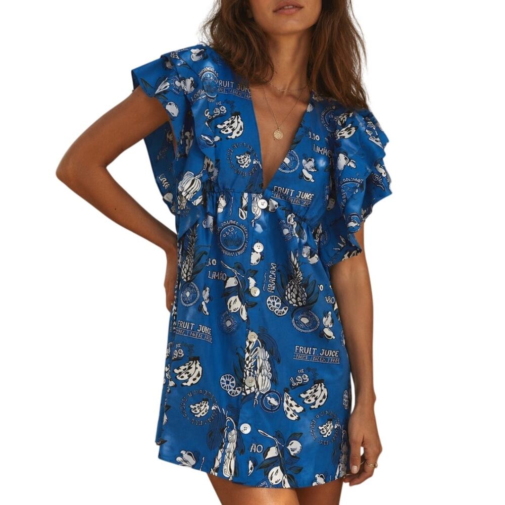 Farm Rio Blue Mini Dress Size XXS  Tropical Farm Rio Print NWOT Boho Resort